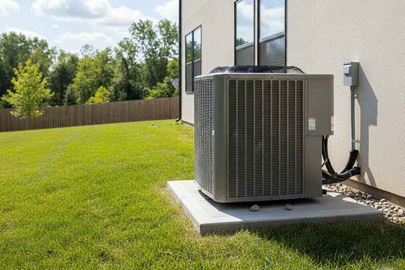 Residential AC condenser unit installed beside a home with a green lawn